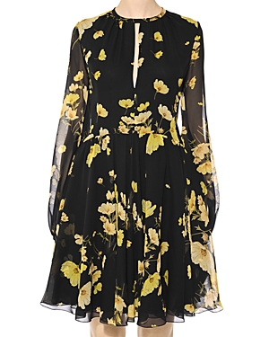 Shop Giambattista Valli Floral Print Silk Blouson Sleeve Dress In Black/yellow
