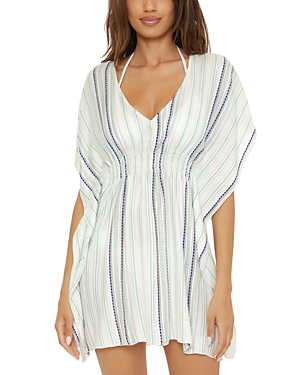 Becca By Rebecca Virtue Radiance Metallic Stripe Tunic Cover Up In White / Navy