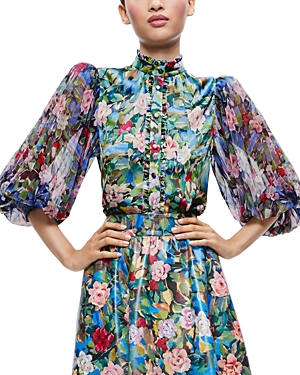 ALICE AND OLIVIA ALICE AND OLIVIA ILAN RUFFLED FLORAL PRINT PUFF SLEEVE TOP