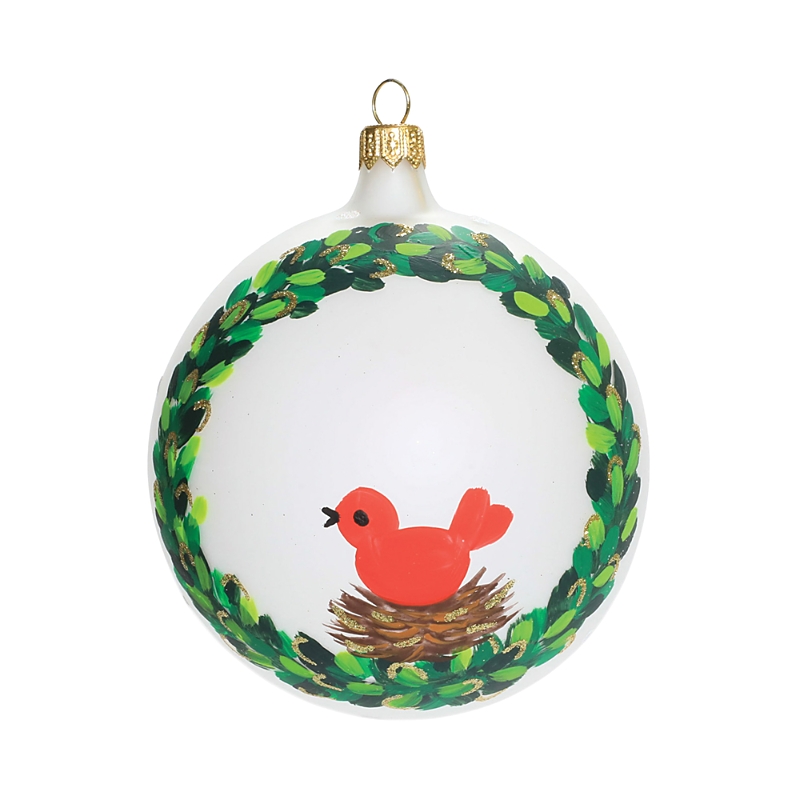 Vietri Bird With Wreath Ornament In Red