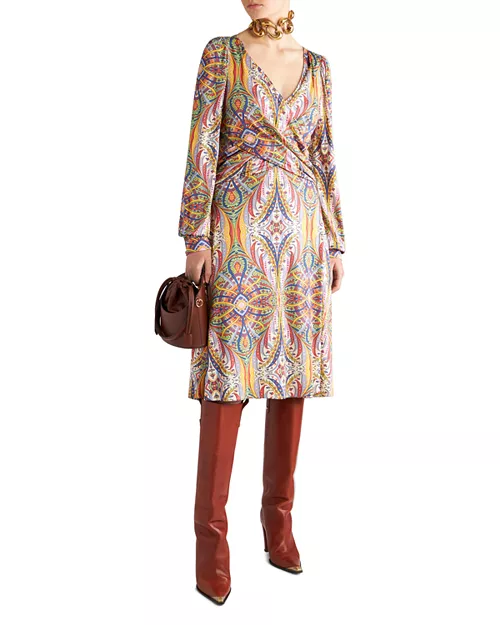 printed crossover front jersey dress