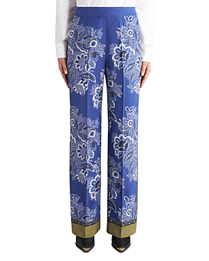 Shop Etro Floral Print Wide Leg Silk Pants In Navy