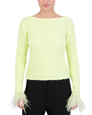 Bcbgmaxazria Feather Trim Long Sleeve Top In Pale Lime Yellow