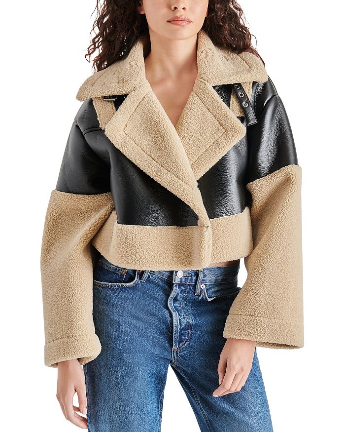 STEVE MADDEN Alaina Faux Leather & Faux Shearling Cropped Coat ...