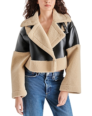 Shop Steve Madden Alaina Faux Leather & Faux Shearling Cropped Coat In Black