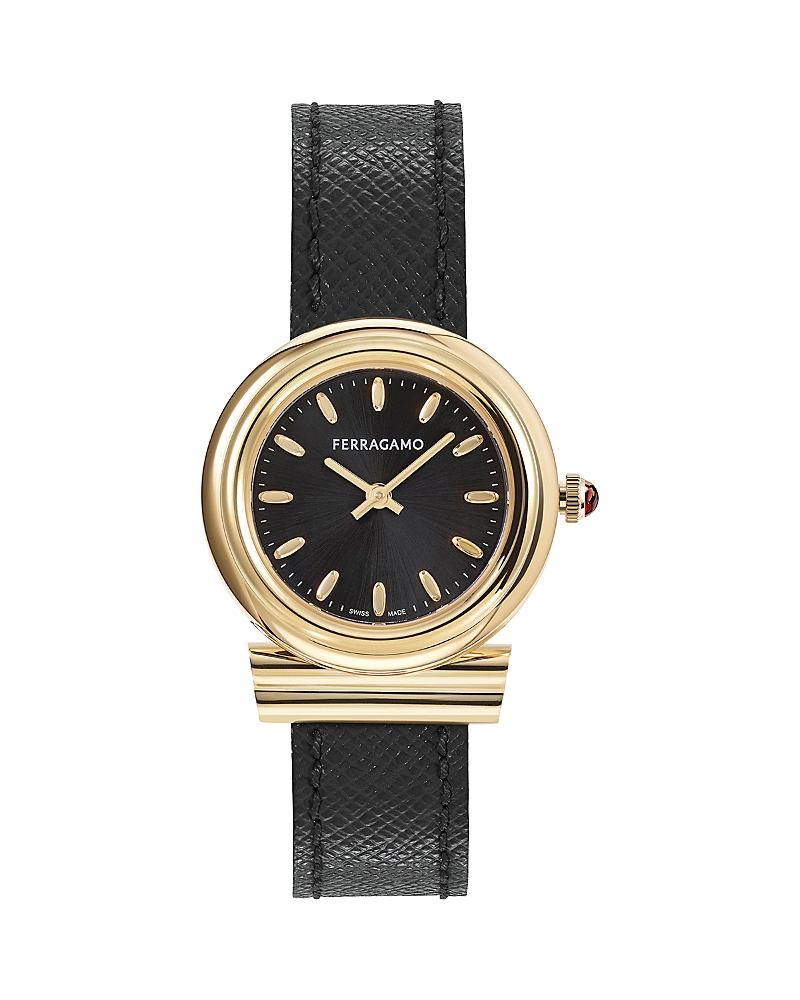 Ferragamo Gancini Leather Watch With Yellow Gold Polished Case In Black