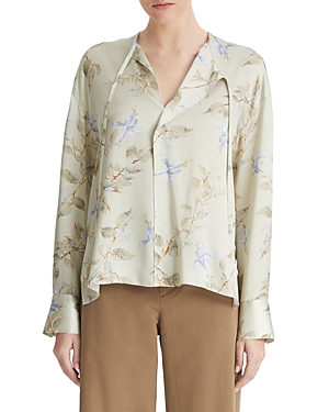 Vince Floral Silk Draped Tie-neck Blouse In Mint Dust