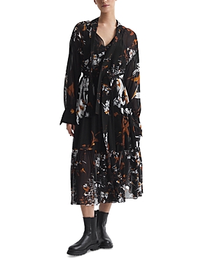 Reiss Charlotte Floral-print Belted-waist Woven Midi Dress In Black/brown