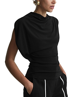 Reiss Eva Asymmetric-drape Stretch-woven Top In Black