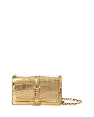Shop Versace Greca Goddess Croc Embossed Leather Chain Wallet In Gold/ Gold