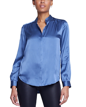Shop L Agence L'agence Bianca Silk Banded Collar Blouse In Blue Horizon