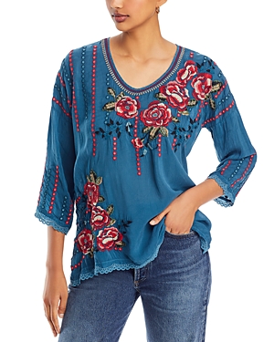 Shop Johnny Was Giovanna Embroidered Top In Legion Blue