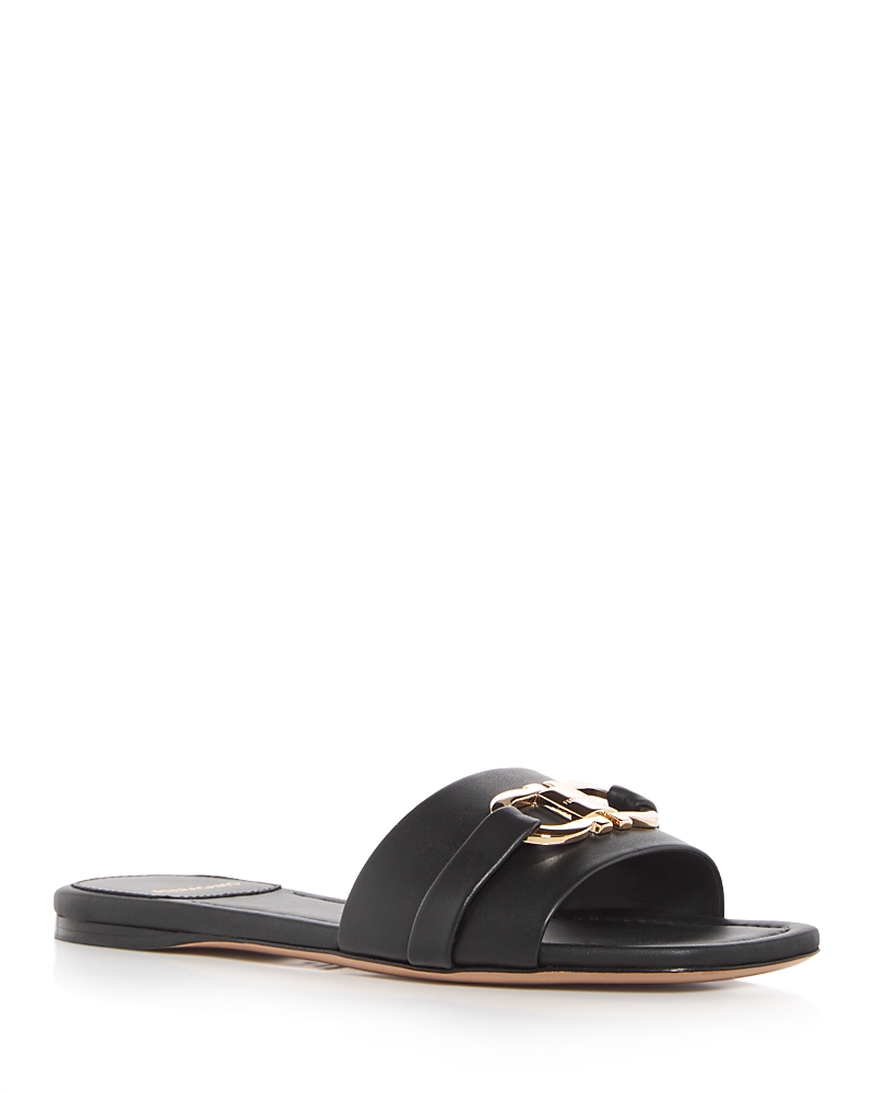 Ferragamo Leather Slides With Flat Sole And Gold-tone Hardware In Black