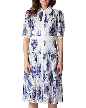 Gracia Printed Button Front Shirt Dress In White/blue