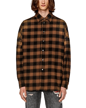 Diesel S-limo-pkt Cotton Flannel Check Loose Fit Button Down Shirt In Dark Brown