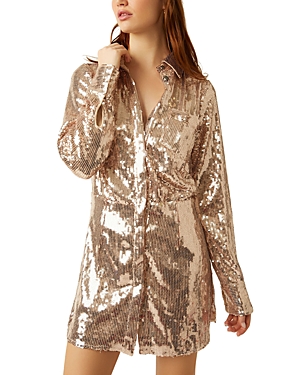 Free People Sophie Sequin Shirt Dress In Champagne