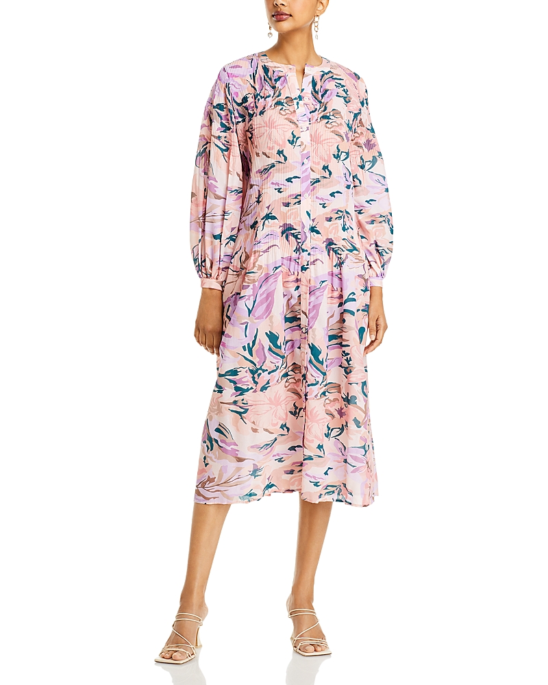 Misook Floral Drop Waist Balloon Sleeve Midi Dress In Rose Petal/multi
