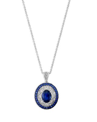 Bloomingdale's Fine Collection - Blue Sapphire and Diamond Halo Pendant Necklace in 14K White Gold, 16-18"