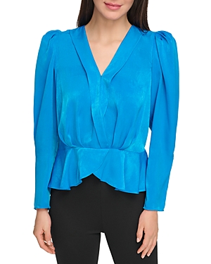 Dkny Wrap Front Satin Peplum Blouse In Electric Blue
