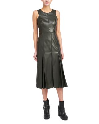 En Saison Faux Leather Pleated Midi Dress