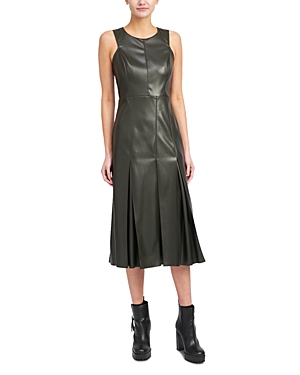 Shop En Saison Faux Leather Pleated Midi Dress In Olive