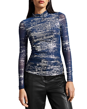 Ted Baker Womens Navy Sofiy Foil-print High-neck Stretch-mesh Top In Navy