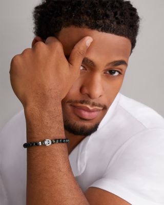 Men's Sterling Silver Anthem Obsidian Bead Skull Stretch Bracelet - Exclusive