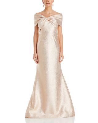 Metallic Jacquard Twist Bodice Off-the-Shoulder Gown