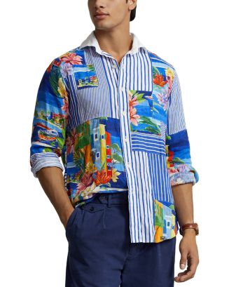 トップス 80s I.S. Linen Patchwork Shirt Polo Ralph Lauren Linen Patchwork Classic Fit Button Down Shirt