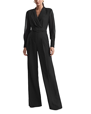 Reiss Black Flora Sheer Belted Double Breasted Jumpsuit In Black