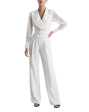 Reiss Flora Sheer Sleeve Tux Jumpsuit In Ivory