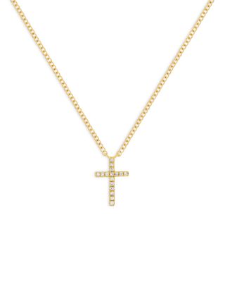 14K Yellow Gold Diamond Cross Necklace, 18"