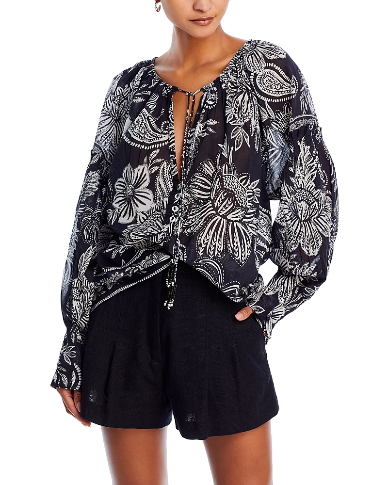 Farm Rio Paisley Bloom Black V Neck Top