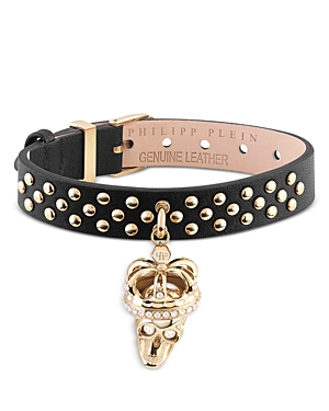 Shop Philipp Plein $kull Crown Studded Leather Bracelet In Gold