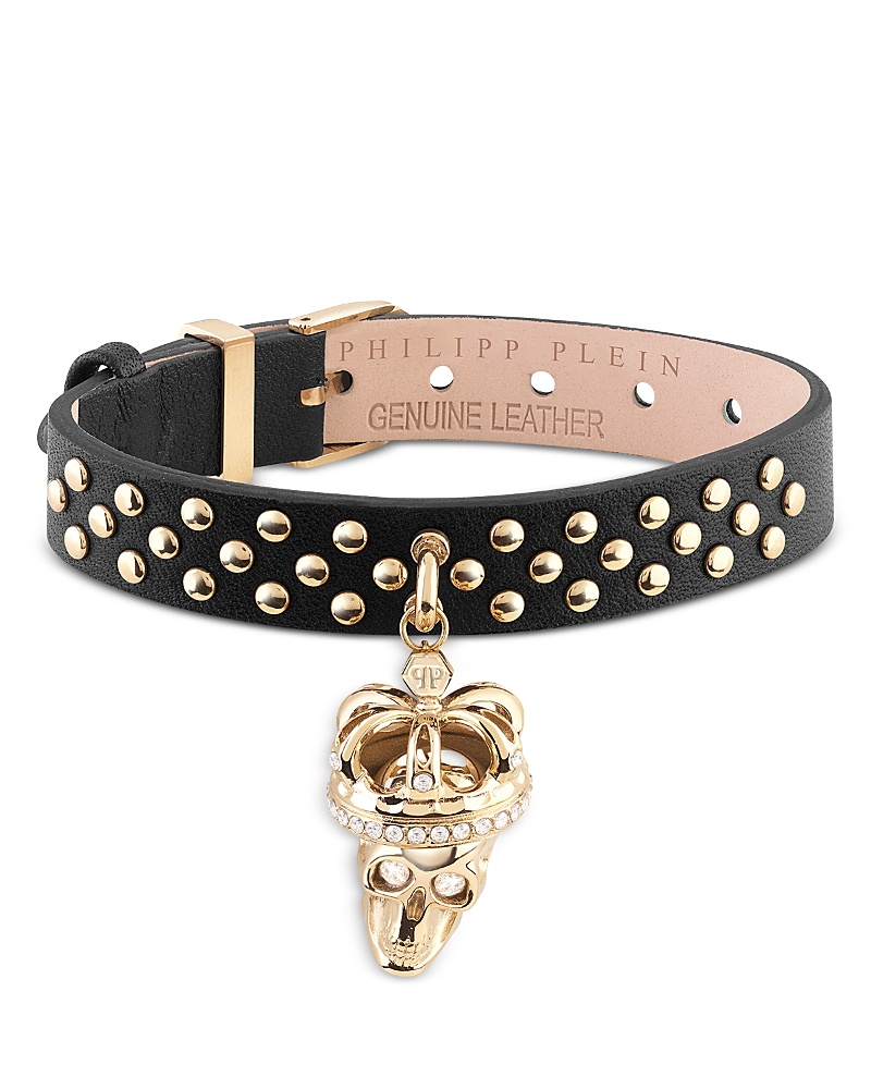 Philipp Plein Gold-tone Ip Stainless Steel Pave Crowned 3d $kull Charm Studded Leather Bracelet In Gold