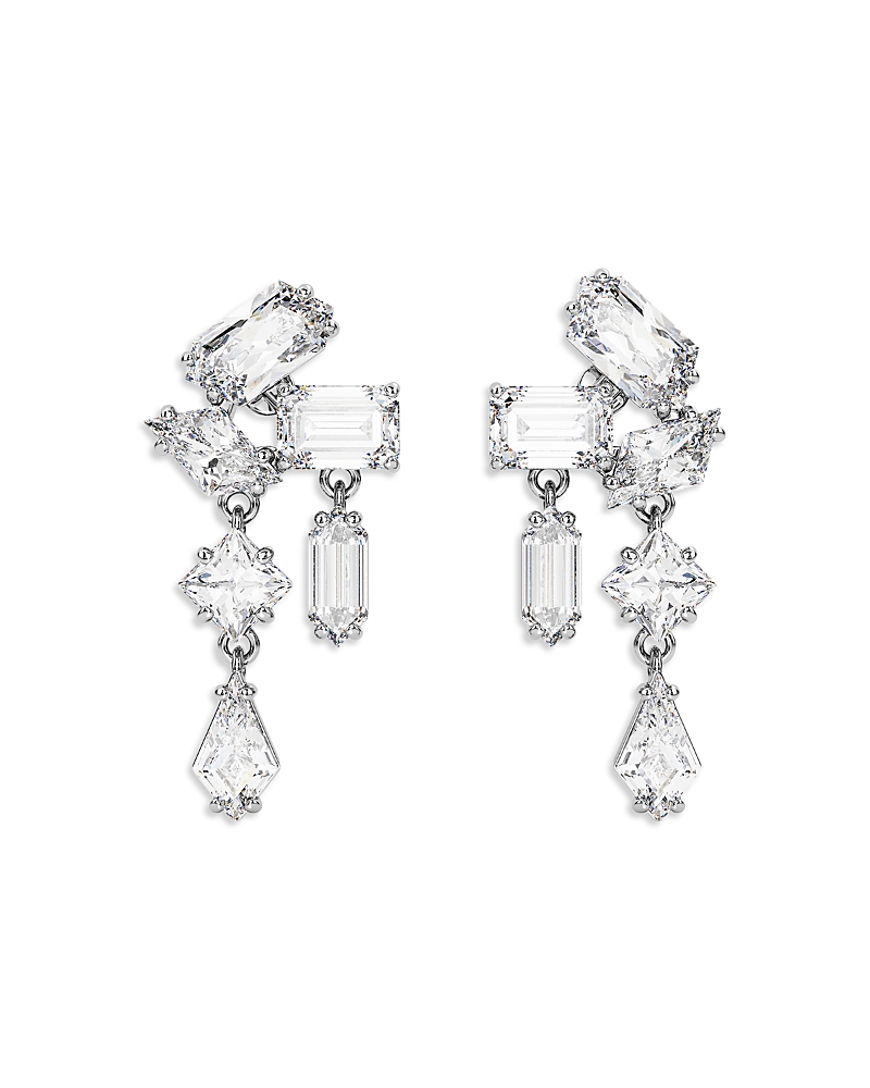 Swarovski Mesmera Mixed Cut Cluster Drop Earrings In Rhodium Plated In Silver