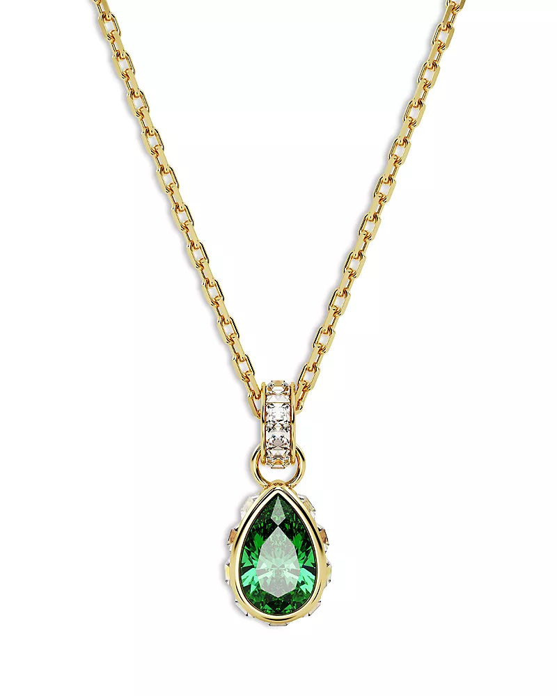 Swarovski Chroma Green Pear Cut Pendant Necklace in Gold Tone, 15