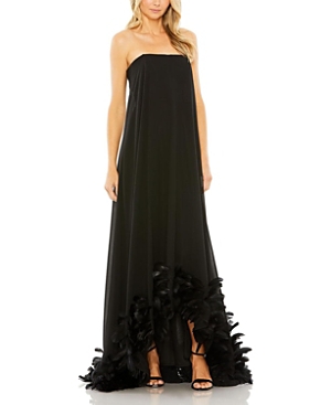 Mac Duggal Strapless Flare Feather Hem Gown In Black