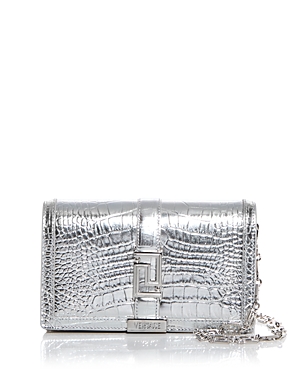 Shop Versace Greca Goddess Croc Embossed Leather Chain Wallet In Silver/palladium