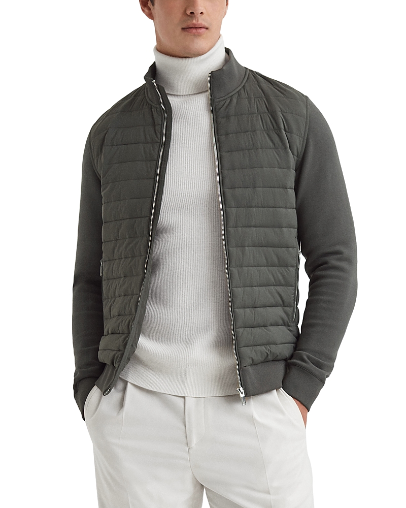 Reiss Sage Hybrid Quilt And Interlock Jersey Zip-through Jacket In Sage