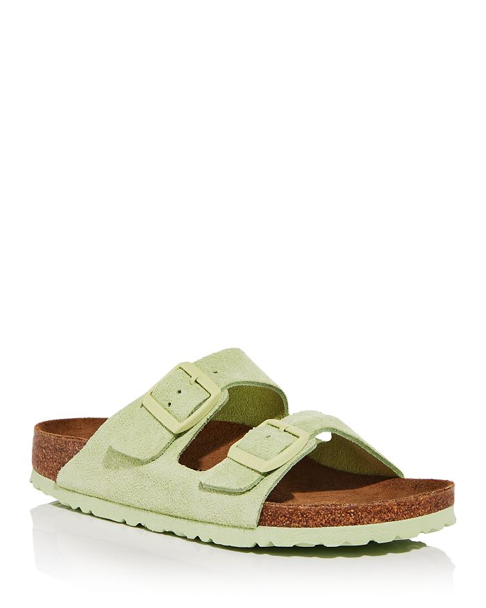 Shop Birkenstock Women's Arizona Soft Footbed Slide Sandals In Faded Lime Suede