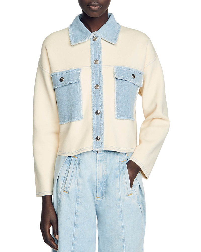 Sandro Dolly Denim Trim Button-up Sweater In Ecru
