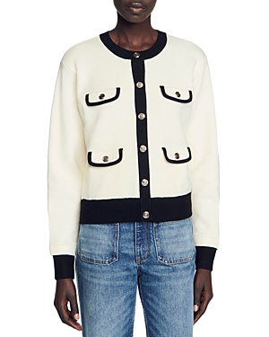 Sandro Contrast-trim Buttoned Cardigan In Ecru