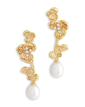 Pave & Cultured Freshwater Pearl Orchid Drop Earrings in 18K Gold Plated