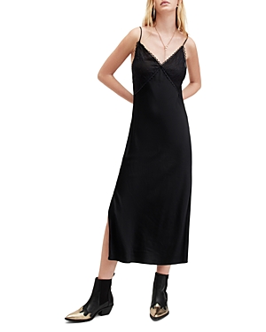 Allsaints Immy Lace Trim V-neck Midi Slip Dress In Black