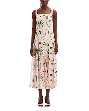Shop Oscar De La Renta Painted Poppies Square Neck Pleated Dress In Pink/soft Pink