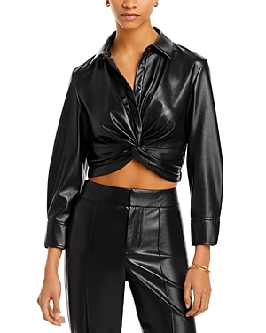 Shop Alice And Olivia Faux Leather Twist Front Top In Black
