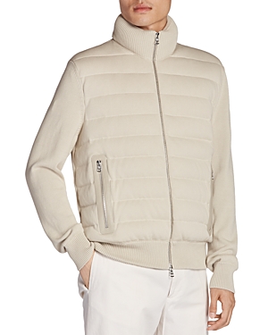 Shop Moncler Cotton Quilted Zip Cardigan Sweater In Stone