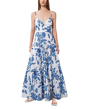 Moon River Floral Print Sleeveless Midi Dress In White In Blue Multi