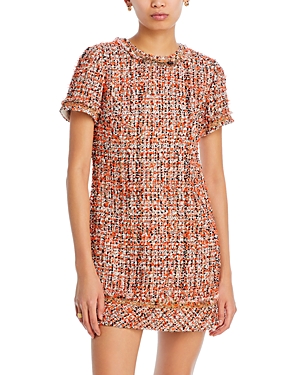 Shop Jason Wu Collection Short Sleeve Tweed Mini Dress In Coral Multi